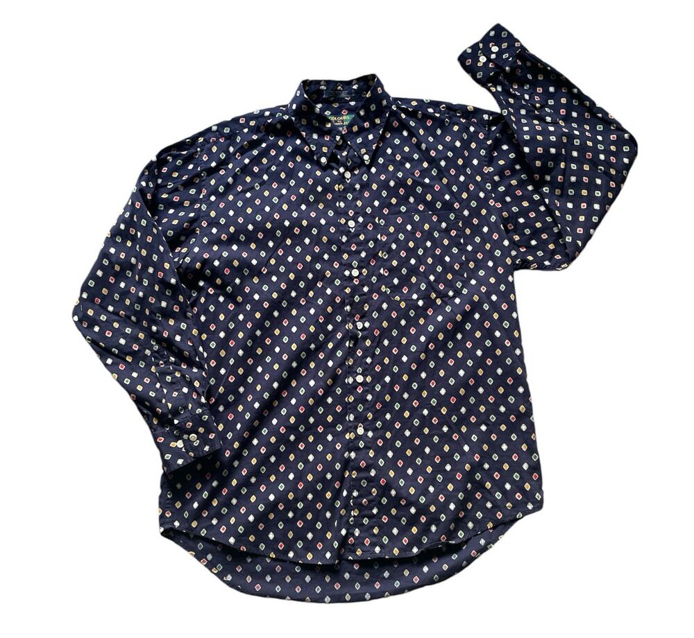 Navy Mens Button Down Shirt Diamond AOP Size Medium Bold Retro Cotton Hoco prom